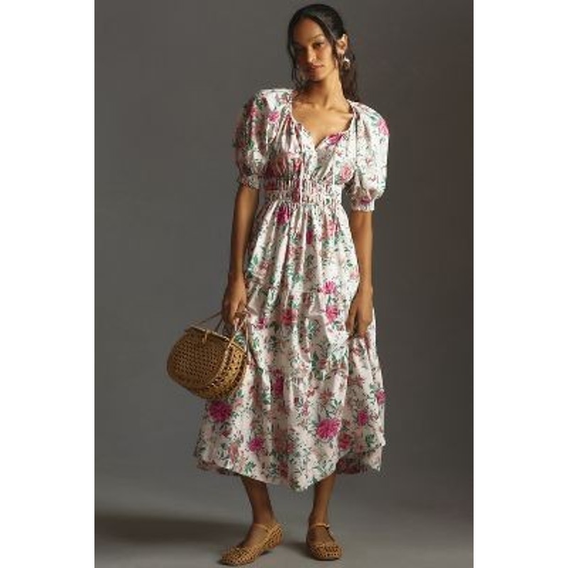 Anthropologie White Floral Midi Dress With Pink & Green Print (Nwt)